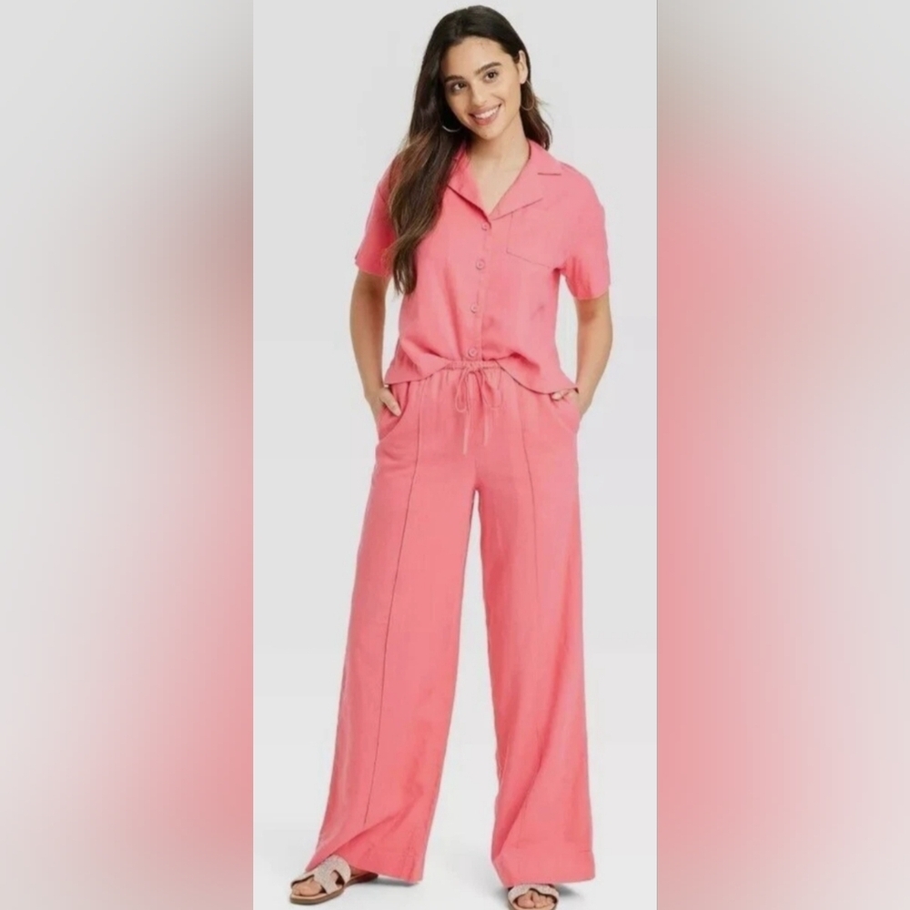 A New Day Linen Short Sleeve Button-Down Boxy Camp Shirt Women's Large Pink - Picture 1 of 11